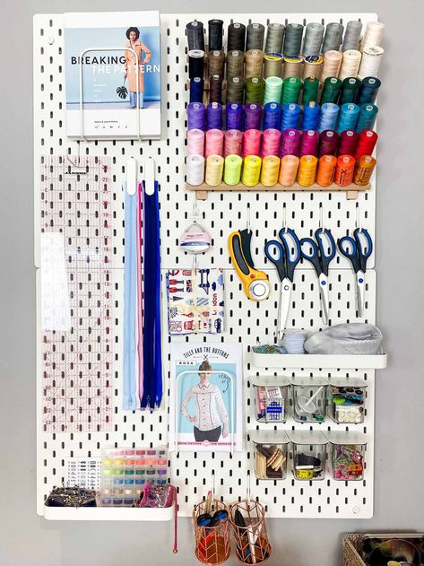 Sewing Room Pegboard - Like Love Do Embroidery Studio Craft Rooms, Room Pegboard Ideas, Room Pegboard, Ikea Sewing Rooms, Sewing Closet, Sewing Pattern Pieces, Ikea Pegboard, Pegboard Ideas, Embroidery Studio