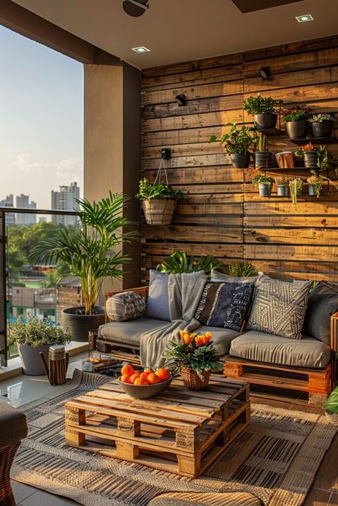 28 Boho Balcony Vibes to Make the Most of Your Outdoor Area 13 Balcony Pallet Furniture, Balcony Vibes, Comfortable Reading Nook, Boho Balcony, Pallet Lounge, Affordable Boho, Boho Lounge, Global Decor, Outdoor Sanctuary