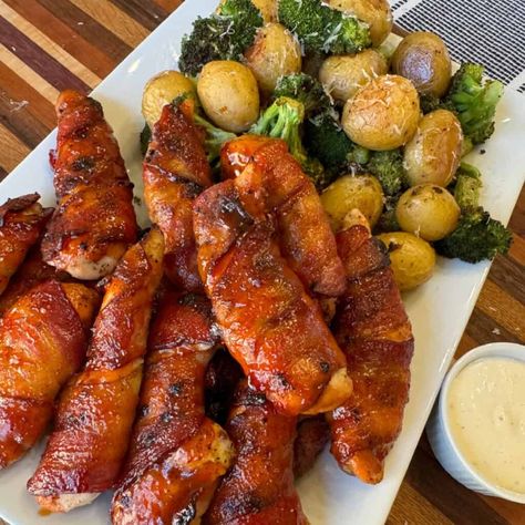 Bacon Wrapped BBQ Chicken Tenders - Cooking in the Midwest Bacon Wrapped Chicken Tenderloin Recipes, Family Favorite Meals Dinners, Cooking Midwest, Bbq Tenders, Bacon Wrapped Bbq Chicken, Bbq Chicken Tenders, Midwest Recipes, Cooking In The Midwest, Dinners Chicken