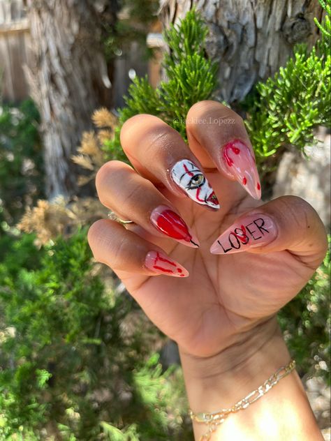 Pennywise Nail Designs, It The Clown Nails, Penny Wise Nails, Pennywise Nail Art, Pennywise Nails, Nail Designs Tutorial, Almond Nails Designs, Girls Nails, Nails Designs