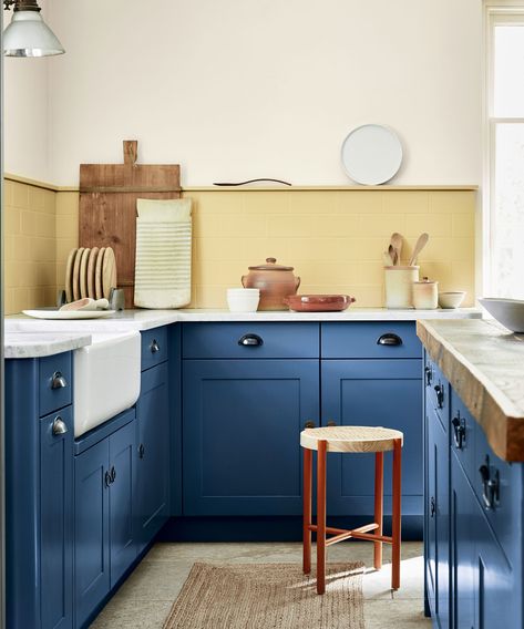 Warm Yellow Paint Colors, Deep Blue Paint, Patterned Blinds, Yellow Paint Colors, Plain Curtains, Made To Measure Blinds, Blue Paint Colors, Little Greene Paint, Curtain Texture