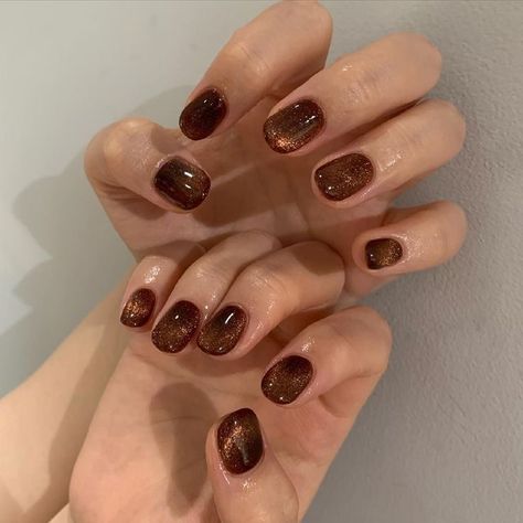 Fall Douyin Nails, Chocolate Brown Cat Eye Nails, Dark Brown Cat Eye Nails, Cat Eye Brown Nails, Brown Cateye Nail, Sparkly Brown Nails, Burgundy Cat Eye Nails, Fall Cat Eye Nails, Brown Cat Eye Nails