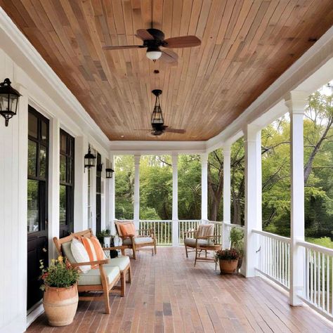 Small Covered Porch, Porch Ceiling Ideas, Deep Porch, Porch Beams, Vinyl Soffit, Farmhouse Porches, Wood Slat Ceiling, Pressed Tin Panel, Fiber Cement Board