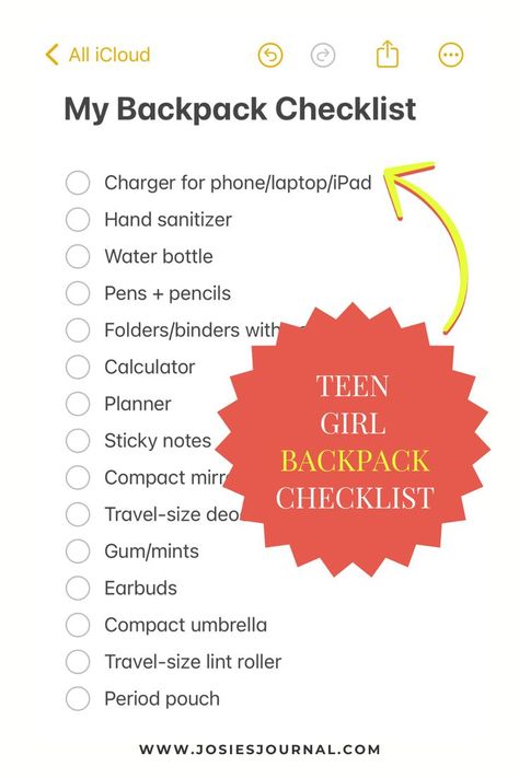 backpack checklist Backpack Checklist School, School Bag Essentials For Teens, School Backpack List, Backpack Checklist, Raising Teenage Daughters, Disney Frozen Crafts, Skincare Tips For Teens, Rich Tips, Girl Back To School Outfits