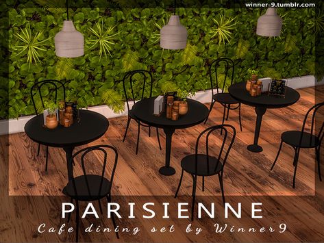 Winner9's Parisienne Cafe dining set | #ts4cc #sims4cc sims 4 cc custom content French restaurant furniture decor Sims 4 Restaurant Signs, French Cafe Furniture, Restaurant Sims 4, Resturant Decor, Outdoor Bar Ideas, Coffee Shop Tables, Sims 4 Restaurant, Lotes The Sims 4, Cafeteria Table