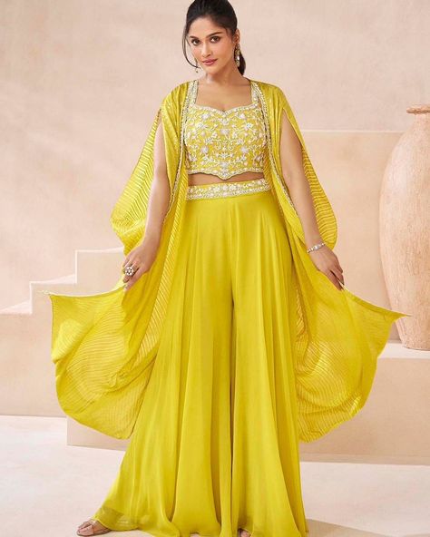 Real Georgette Shrug Style Sharara Choli https://www.urmifashion.com/salwar-kameez/sharara-suit #suit #suits #salwarkameez #anarkalisuits #partywearsuits #designersuits #festive #festivewear #festivecollection #onlinestore #indianclothing #clothingstore #clothing #clothingforwomen #fashionstyle #shopping #ethnicwear #womenclothing #partywear #designer #trending #onlineshopping #onlineshoppingindia #indianfashion #indianshopping #ethnic #ethnicfashion #sharara #shararasuit #plazzo Suit With Shrug, Sharara Designs, Haldi Outfits, Ghaghra Choli, Latest Model Blouse Designs, Shrug For Dresses, Palazzo Suit, Lehenga Style, Indo Western Dress