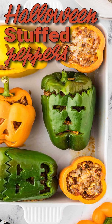 Halloween Peppers Stuffed, Stuffed Peppers Halloween, Halloween Stuffed Peppers Beef, Halloween Quick Dinner, Halloween Dishes Food Dinners, Halloween Dinner Party Menu Ideas, Halloween Bell Peppers, Pumpkin Peppers Stuffed, Jackolantern Stuffed Bell Peppers