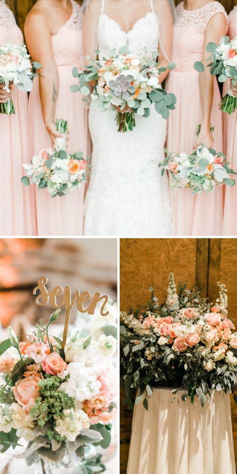 Peach And Greenery Wedding, Peach Flower Arrangements Wedding, Peach Wedding Flowers Centerpieces, Wedding Decor Peach, Winery Wedding Colors, Vineyard Wedding Decorations, Wedding Floral Arrangements Centerpieces, Wedding Iceland, Vineyard Wedding Decor