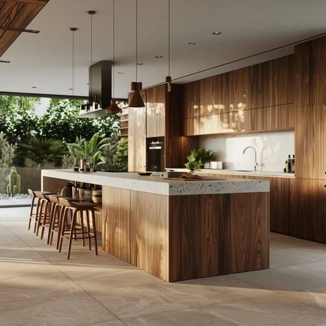 Japandi Kitchen With Window, Earthy Modern Kitchen, Big Kitchens, Modern Cabin Interior, Slate Countertop, Loft Kitchen, Big Kitchen, Kitchen Concepts, Modern Tropical