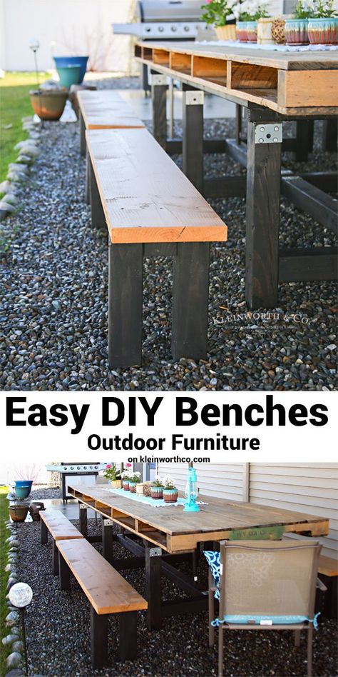 Easy DIY Benches - Outdoor Furniture are simple to make & are a great addition to your yard. Beautiful wooden garden furniture made in just 30 minutes. Simple Garden Furniture Ideas, Diy Benches, Garden Diy Furniture, Diy Bank, Diy Bench Outdoor, Pallet Garden Furniture, Wooden Garden Furniture, Outdoor Furniture Plans, Pallet Outdoor