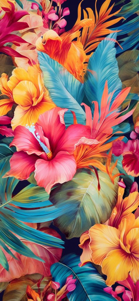 Tropical Blooms Mobile Wallpaper - Amberblue Media Tropical Background Wallpapers, Tropical Wallpaper Summer, Tropical Flowers Background, Neon Tropical Wallpaper, Pink Tropical Background, Floral Fabric Design, Tropical Florals, Personalized Wallpaper, Cellphone Background