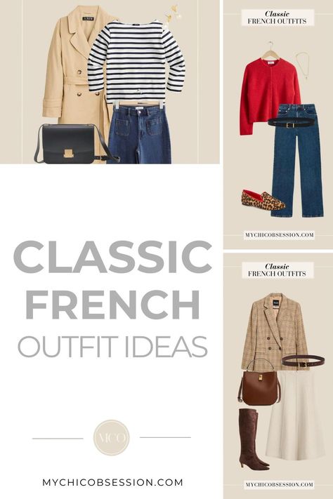 Does the idea of “French fashion” seem overwhelming when it comes to applying the French girl style to your own wardrobe? Well, luckily for you, you can recreate 20 classic French outfits with wardrobe essentials you probably already have in your closet. With a little flexibility, you can take inspiration from the looks below to put together classic French outfits that would seamlessly blend in on the streets of Paris. Parisian style, Parisian fashion, Parisian chic, French style Casual Classic Outfits For Women, France Fashion Parisian Style, French Womens Fashion, French Girl Capsule Wardrobe, French Elegance Fashion, Classic French Outfits, Nail Trends Short, Parisian Chic Style Winter, Parisian Style Fall