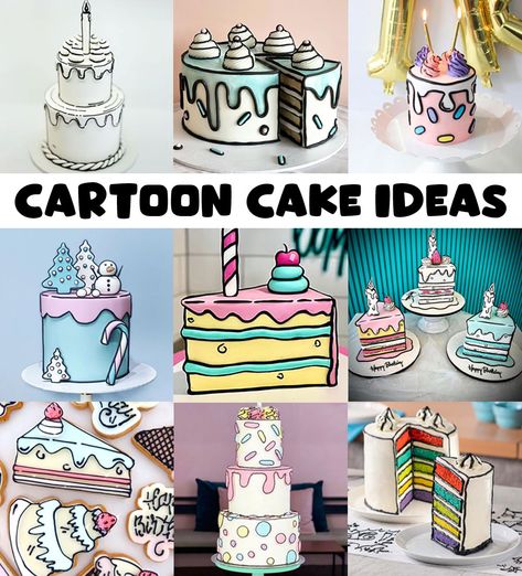 Food Cakes Theme, Pop Art Comic Birthday Cake, 3d Cartoon Cake Design, Comic Cupcake Ideas, Cartoon Cake Decorating Ideas, Comic Book Cupcakes, Cartoon Cake Decoration, Cartoon Cake Ideas Birthday, Comic Book Birthday Cake