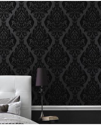 AHH Love the black on grey wallpaper! ... bedroom wall here we come! Black Wallpaper Bedroom, Damask Wallpaper Bedroom, Bedroom Wallpaper Accent Wall, Wallpaper Bedroom Feature Wall, Feature Wall Bedroom, Accent Wall Bedroom, Wallpaper Accent Wall, Bedroom Black, Trendy Bedroom