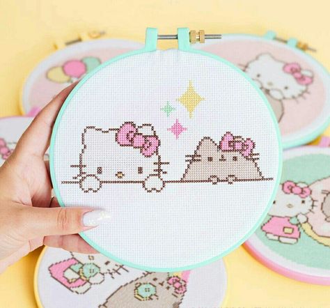 Hello Kitty X Pusheen, Kawaii Cross Stitch, Embroider Ideas, Basic Sewing, Hama Bead, Pola Kristik, Stitch Ideas, Baby Cross, Cute Cross Stitch