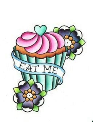 Alice In Wonderland "Eat Me" tattoo Cupcake Tattoos, Alice And Wonderland Tattoos, Care Bear Tattoos, Cute Thigh Tattoos, Wrist Tattoo Cover Up, Cupcake Necklace, Food Tattoos, Alice Tea Party, Wonderland Tattoo