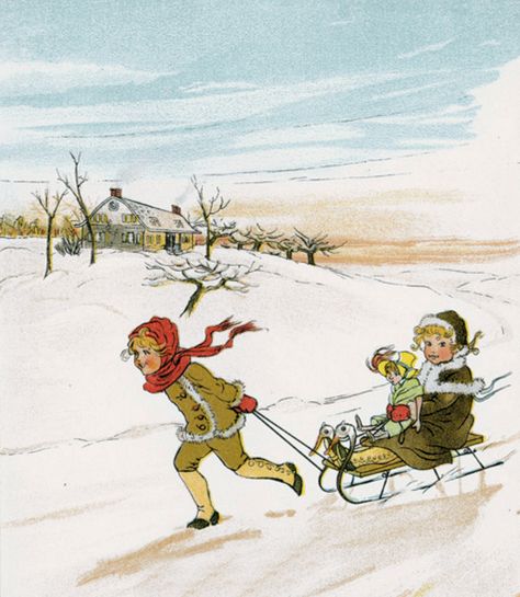 Girl pulling sled through the snow with baby riding Vintage Antique Free Illustration Sledding Illustration, Sled Drawing, Sleigh Illustration, Ice Logo, Sled Ride, Winter Pics, Winter Drawings, Vintage Sled, Forest Drawing