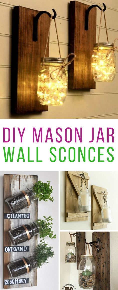 These DIY mason jar wall sconces are so easy to make! Thanks for sharing! Homemade Vase, Diy Hanging Shelves, Diy Mason Jar, Wall Scones, Closet Organization Diy, Wine Bottle Diy Crafts, Mason Jar Crafts Diy, Wine Bottle Diy, Floating Shelves Diy