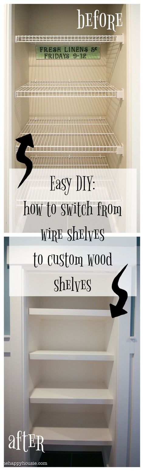 How to Replace Wire Shelves with DIY Custom Wood Shelves - The Happy Housie Wire Shelves, Organizing Wires, Bathroom Closet, Closet Shelves, Up House, Trendy Bathroom, Diy Garage, Wire Shelving, Linen Closet