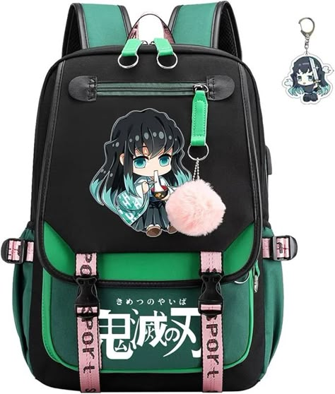 SodaMeow Anime Demon Backpack Nezuko Slayer Bag Kimetsu no Yaiba Backpack Casual with USB Charging Port, Free Keychain, Green-muichiro-d, Large, Casual : Amazon.ca: Clothing, Shoes & Accessories Demon Slayer Backpack, Cute Bag Ideas, Creative Book Cover Designs, Creative Book Covers, Anime Bag, Cute Stationary School Supplies, Vestidos Retro, Cute Stationary, Anime Things