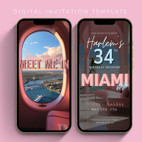 🎉 Ready to swap your coffee mugs for mimosas? 🍹 Ladies, it's time to glam up for a luxurious birthday weekend in Miami! Pack your sunnies and let's make memories that even the sun can't outshine! Our luxe invitation templates are meticulously crafted to enhance the memorability of your event. Seamlessly modify and personalize this invitation template using Canva. Tailor the text to your liking and incorporate your unique images. Share your digital invitation effortlessly through text, email, o Birthday Vacation Invitations, Miami Birthday Ideas, Vacation Invitation Ideas, Trip Invitation Ideas, Birthday Trip Invitation Ideas, Travel Agent Flyer, Miami Birthday Trip, Birthday Trips Ideas, Birthday Trip Invitation