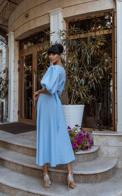 Sky-Blue Puff-Sleeve Wrap Midi Dress Light Blue Modest Dress, Blue Dress Midi, Sky Blue Midi Dress, Light Blue Midi Dress, Blue Wedding Guest Dresses, Midi Dress Wedding, Wedding Guest Outfit Spring, Blue Dress Outfits, Baby Blue Weddings