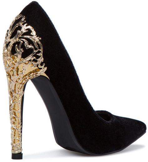 Embellished 'Krya' Pump With Gold Filigree Heel Quince Heels, Princess Of China, Black And Gold Shoes, Black And Gold Aesthetic, Gold Wedding Shoes, Heels Aesthetic, Gold High Heels, Quince Ideas, Gold Pumps