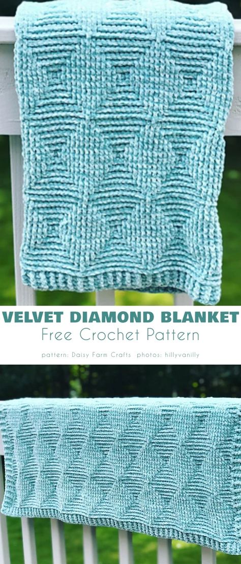 Diamond Crochet Pattern Free, Chenille Blanket Crochet, Velvet Crochet, Chenille Blanket, Crochet Afghan Patterns Free, Crocheting Patterns, Velvet Yarn, Crochet Stitches For Blankets, Crochet Granny Square Blanket