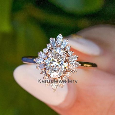 Vintage Art Deco Oval Star Burst Halo Diamond Engagement Ring, 14K Yellow Gold, Floral Ring, Sunburst Ring,Handmade Jewelry,Anniversary Ring by KarmJewellery on Etsy Sunburst Oval Engagement Ring, Vintage Starburst Ring, Sunburst Ring, Star Burst, Floral Ring, Matching Wedding Bands, Deco Floral, Wedding Matches, Halo Diamond Engagement Ring