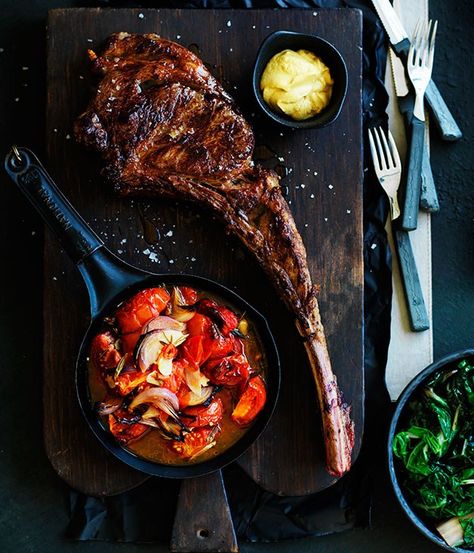 Tomahawk steak and roast tomatoes with rosemary recipe | Steak recipe - Gourmet Traveller Roasted Heirloom Tomatoes, Roast Tomatoes, Rosemary Recipes, Tomahawk Steak, Rib Eye, Best Meat, Restaurant Week, Skirt Steak, Beauty Images