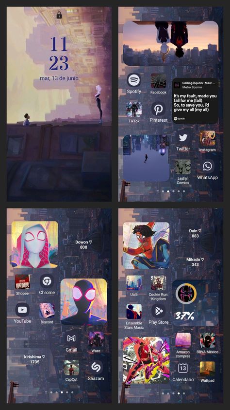 Spiderman Phone Theme Miles, Spiderverse Themed Phone, Marvel Phone Layout, Aesthetic Iphone Homescreen Wallpaper, Spiderman Atsv Wallpaper, Phone Screen Layout Ideas, Spiderverse Phone Theme, Iphone Layout Aesthetic, Android Lockscreen