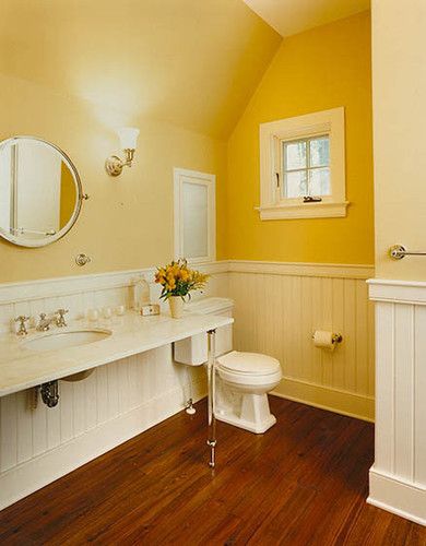 Bathroom Beadboard Ideas, Yellow Bathroom Walls, Bathroom Yellow, Beadboard Bathroom, White Beadboard, Yellow Bathroom Decor, Brown Bathroom Decor, White Wainscoting, Yellow Bathroom