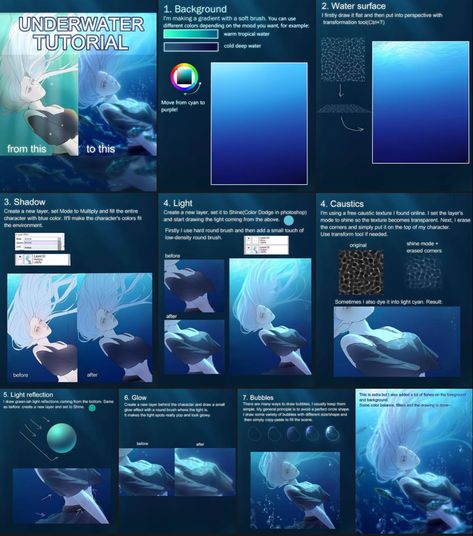 Water Lighting Reference, How To Draw Underwater Digital, Underwater Digital Art Tutorial, Under Water Drawing Tutorial, How To Render Water Digital Art, Underwater Effect Drawing, Underwater Drawing Tutorial, Ocean Digital Art Tutorial, Underwater Art Tutorial