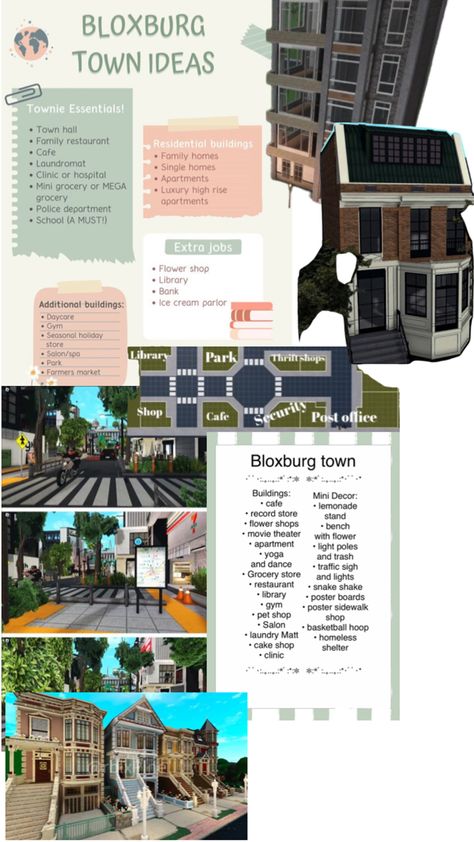 Bloxburg Town Building Ideas, Bloxburg Town Layout Small Plot, Luxury High Rise, Town Building, Library Posters, Shop Bench, Small Town Romance, Family Restaurants, Small Places