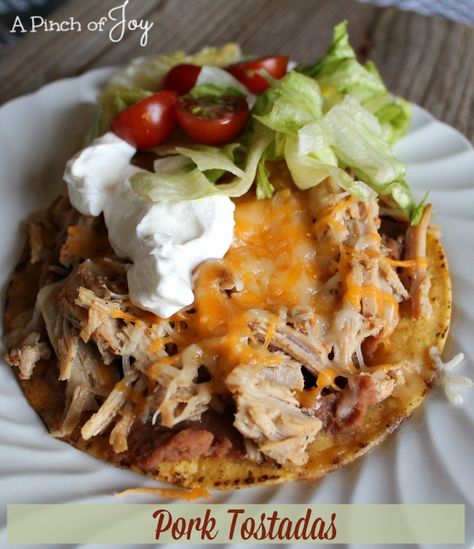 Pork Tostadas Pork Tostadas, Open Faced Sandwiches, Tostada Recipes, Thanksgiving Vegetables, Mexican Pork, Mexican Meals, Shredded Pork, Easy Pork, Food Concept