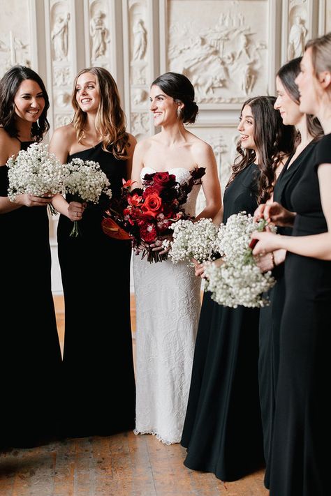 black bridesmaid dresses with baby's breath bouquets Black Dress Bridesmaid Bouquet, Black Bridesmaids Bouquets, Black Bridesmaid Dresses Flowers, Black Bridesmaid Dresses Red Flowers, Black Bridesmaid Dresses Colored Flowers, Babies Breath Bridesmaid Bouquet, Black Bridesmaid Dresses With Colorful Flowers, Black Bridesmaid Dresses Winter, Black Dress Bridesmaid