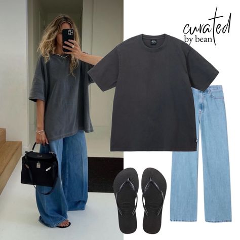 Womens trendy outfits oversized tshirt baggy jeans hermes kelly stylish outfit aesthetic relaxed Oversized All Black Outfit, Oversized Grey T Shirt Outfit, Xl Tee Shirt Outfit, Long Tshirt Outfit Jeans, Oversized Tshirt Office Outfit, Baggy Tee And Jeans, Jeans And Black Tshirt Outfit Women, Oversize Top Outfit, Oversize Black Tshirt Outfit