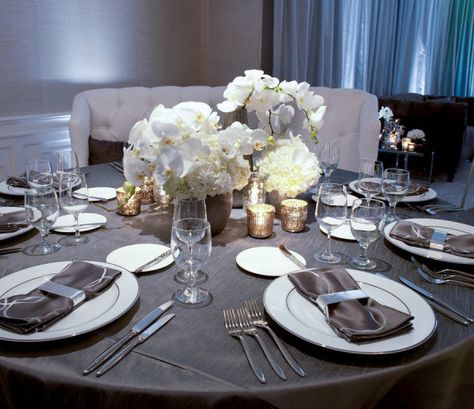 Style Me Pretty | Gallery Tables Photography, Chic Centerpieces, Grey Wedding Decor, White Tables, Inside Wedding, Grey Tablecloths, Elegant Photography, London Hotel, Table Clothes