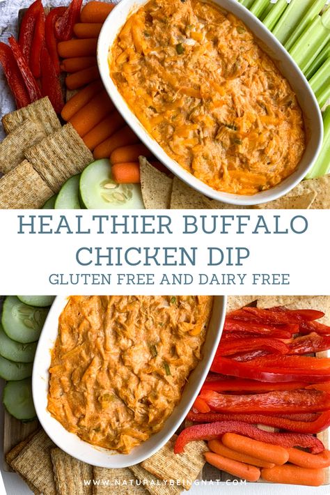 Dairy Free Chicken Wing Dip, Dairy Free Buffalo Chicken Dip, Gluten Free Dairy Free Appetizers, Football Snacks Appetizers, Healthy Football Snacks, Crockpot Snacks, Gluten Free Dips, Chicken Wing Dip, Healthy Buffalo Chicken Dip