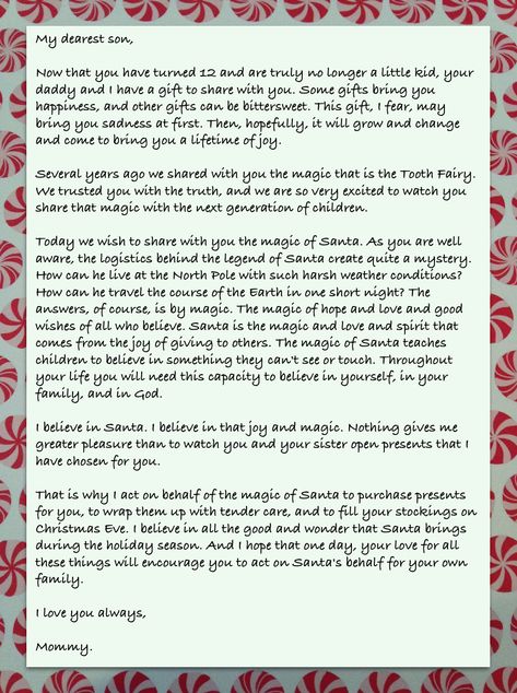 The Magic of Santa: Passing on the Torch Telling children about Santa How To Tell Your Child Santa Isnt Real, Magic Of Christmas Santa Letter, Telling Child About Santa, Telling Kids About Santa Letter, Letter From Santa To Teenager, Letter Explaining Santa Isnt Real, How To Tell Kids About Santa, How To Tell Your Kids About Santa, Santa Magic Ideas