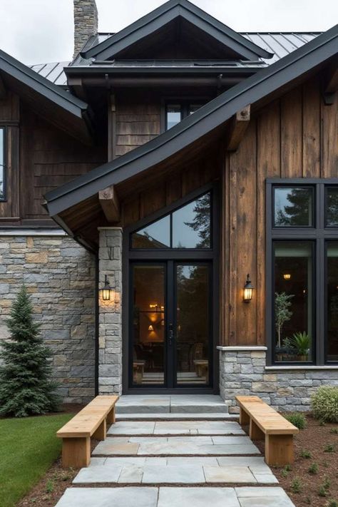 15 Black House Exterior Ideas That Redefine Modern Elegance Houses With Rock And Siding, Scandanavian Interiors Rustic, Black Brick House Exterior Modern, Black Vinyl Siding Exterior, Modern Lodge Exterior, Dark House Exterior Colors, Modern Rustic Exterior House, Modern Industrial House Exterior, Modern Rustic Exterior