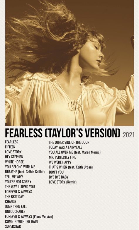 minimal poster of the album fearless (taylor’s version) by taylor swift Taylor Swift Fearless Aesthetic, Taylor Swift Fearless Album, Fearless Aesthetic, Album Prints, Fearless Album, Fearless Tv, Taylor Album, Colbie Caillat, Song Posters