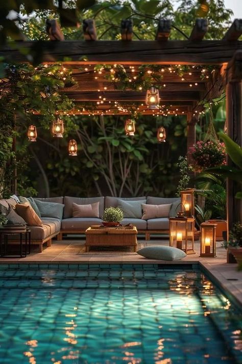 Backyard Ideas With A Pool, Pool Under Deck, Beachy Backyard Ideas, House Pool Ideas, Pool With Pergola, Outdoor Pool Area Ideas, Pool Backyard Ideas, Backyard Oasis With Pool, Home Backyard Ideas