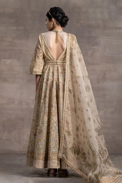 Buy Tarun Tahiliani Beige Jersey Floral Embroidered Anarkali Set Online | Aza Fashions