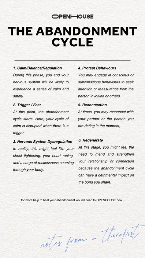 Understanding that your abandonment wound plays a role in an abandonment cycle is a crucial aspect of the healing journey. Once you comprehend the cycle, you can begin to recognize that you have the power to change it, break it, and ultimately, rewire it. For more help to heal your abandonment wound, how to get over your fear of abandonment and other self healing tips and advice, as well as lots of free therapy resources, visit openhouse.com now. How To Fix Abandonment Issues, Abandonment Therapy Activities, How To Deal With Abandonment Issues, Healing Self Abandonment, Fear Of Abandonment Worksheet, Healing Abandonment Issues, How To Heal Abandonment Issues, Abandonment Wound Healing, Abandonment Healing