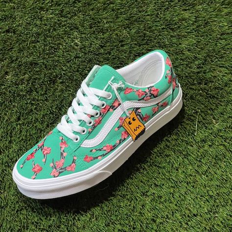 Cherry Blossom Vans, custom vans by kaycee.customs Homemade Shoes, Vans Custom, Cherry Blossom Design, Painted Water, Old Skool Vans, Jordan Shoes Girls, Shoes Sneakers Jordans, Blossom Design, Custom Vans