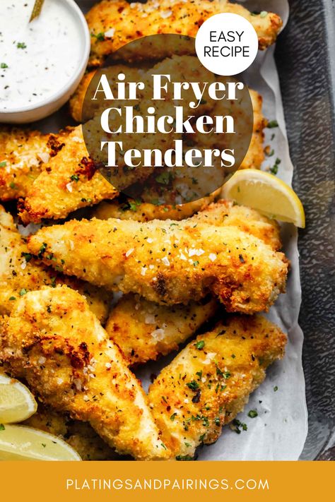 Air Fried Chicken Tenders cook up golden & crispy on the outside, but juicy inside. The best part is they can be made in under 20 minutes with just 6-ingredients. A parmesan breadcrumb coating makes them extra delicious. // healthy // keto // how to // best // how long to Air Fryer Chicken Tenders Healthy, Air Fry Chicken Tenders, Buttermilk Chicken Tenders, Air Fried Chicken Tenders, Crusted Chicken Tenders, Air Fryer Chicken Tenders, Fried Chicken Tenders, Healthy Keto, Air Fryer Oven Recipes