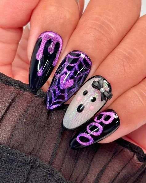 The Ultimate Halloween Nail Art Inspo for Short Nails 👻✨💅 Comment “HALLOWEEN” if you want spooky cute long nails inspo! Save & share for nail inspo! #halloweennails #spookynails #almondnails #cateyenails #glowinthedarknails #chromenails #diynails #nailinspo #nailtrends #fallnails #halloween2024 #nailarttutorial #nailtech #holographicnails #easynails #howtonails #ghostnails #spiderwebnails #ghostfacenails #beetlejuicenails #holonails #reflectivenails #halloween #kawaii #kawaiinails #cutenai... Pastel Halloween Nails, Fun Nail Ideas, Spooky Nail Designs, Nails With Purple, Spooky Nail, Nail Polish Art Designs, Reflective Nails, Cartoon Nails, Holo Nails