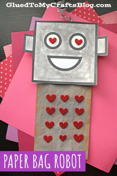 Valentine Robot, Easy Paper Bag, Valentines Robots, Robot Craft, Puppet Craft, Craft For Preschoolers, Paper Bag Puppets, Valentine's Day Crafts For Kids, Puppet Crafts