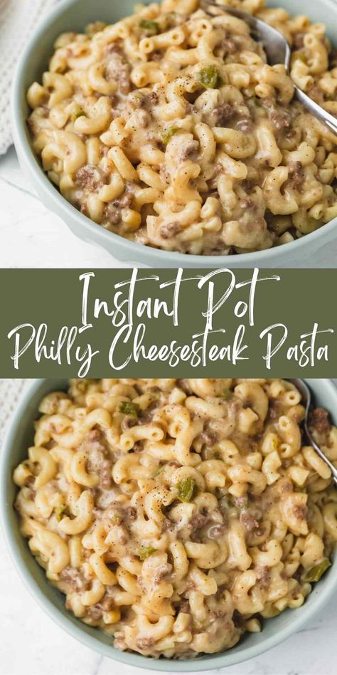 Instant Pot Philly Cheesesteak Pasta is a flavorful pasta that's made with ground beef, onion, and bell pepper. This one-pot pasta dish is ready in just 30 minutes. Ground Beef And Broccoli Instant Pot, Philly Cheese Steak Instapot, Instant Pot Philly Cheese Steak Pasta, Instant Pot Philly Cheese Steak, Ground Beef Instant Pot Recipes, Philly Cheese Steak Pasta, Instant Pot Ground Beef Recipes, Philly Cheese Steak Crock Pot, Instant Pot Pasta Recipes